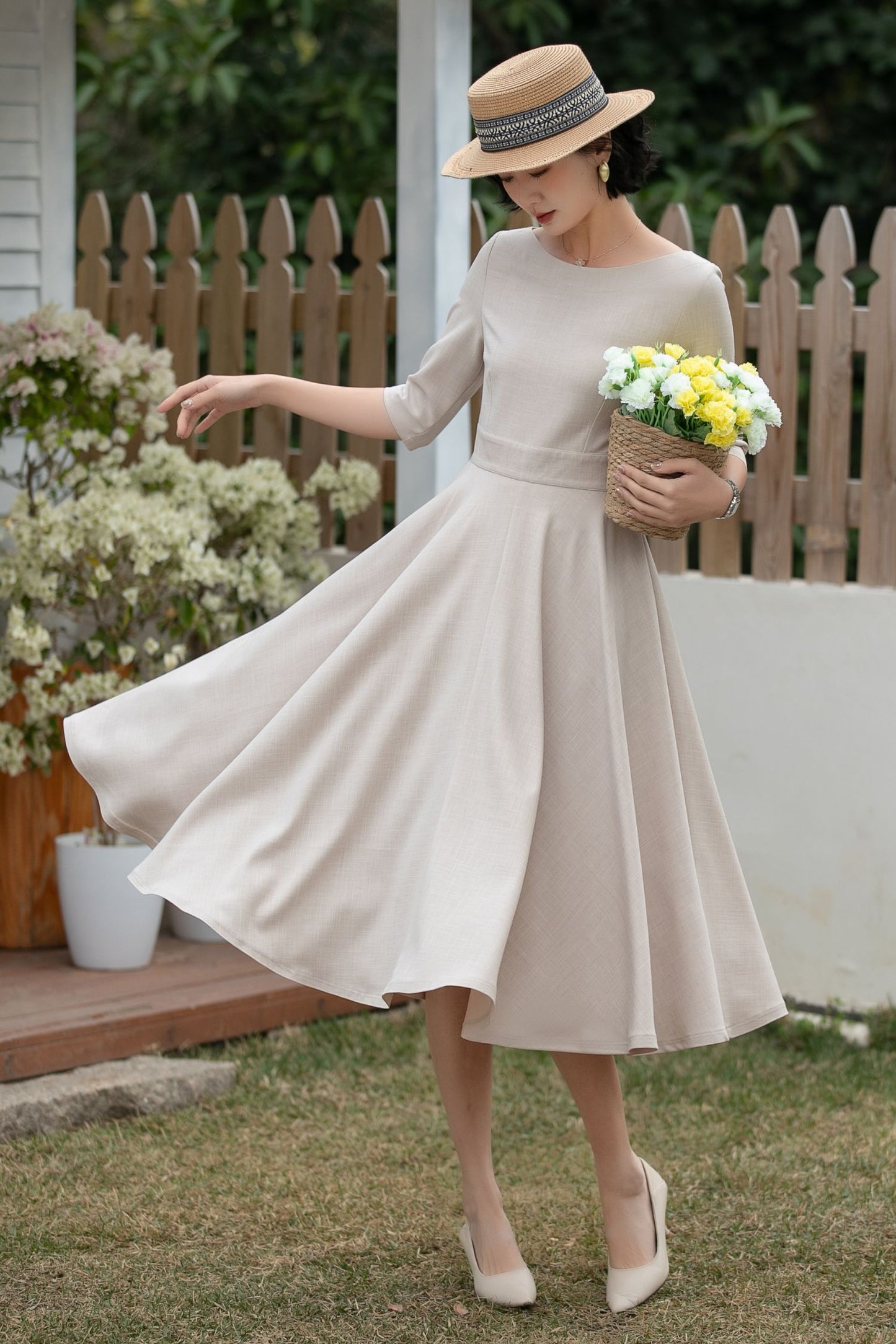 Beige Linen Midi Dress – Handmade Vintage A-Line Fit & Flare Dress with Pockets | Xiaolizi 6700 -Size XS #CK2600184