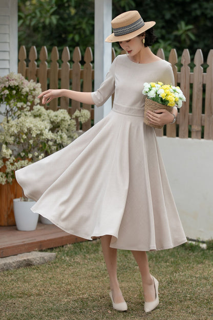 Beige Linen Midi Dress – Handmade Vintage A-Line Fit & Flare Dress with Pockets | Xiaolizi 6700 -Size XS #CK2600184