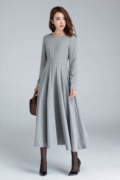 Handmade Gray Wool Swing Dress – Long Sleeve Fit and Flare Winter Dress | Xiaolizi 1616