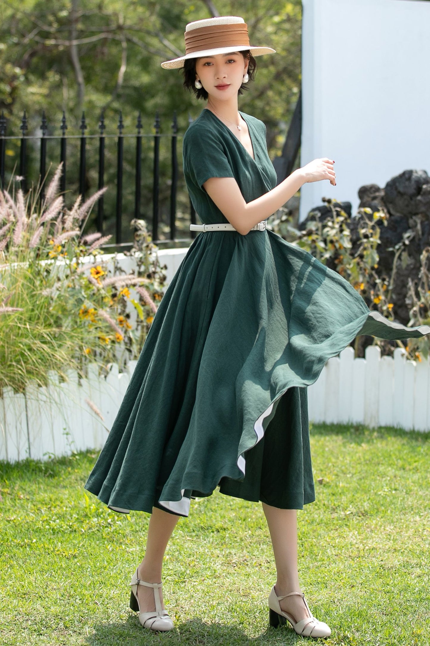 V-Neck Linen Fit and Flare Midi Dress | Xiaolizi 6739 - Size XS #CK2600280