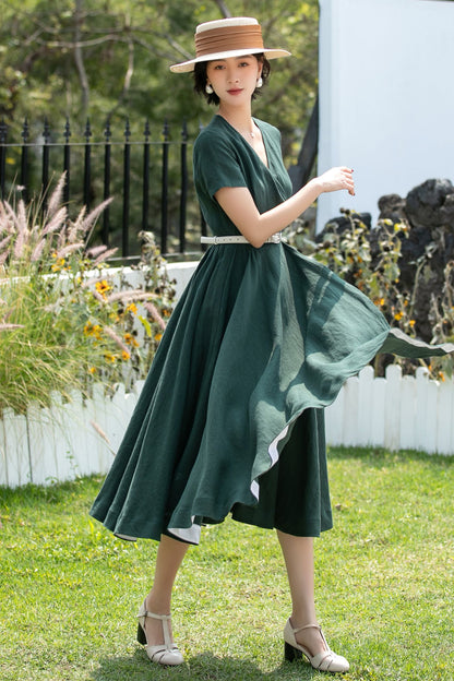 V-Neck Linen Fit and Flare Midi Dress | Xiaolizi 6739 - Size XS #CK2600280