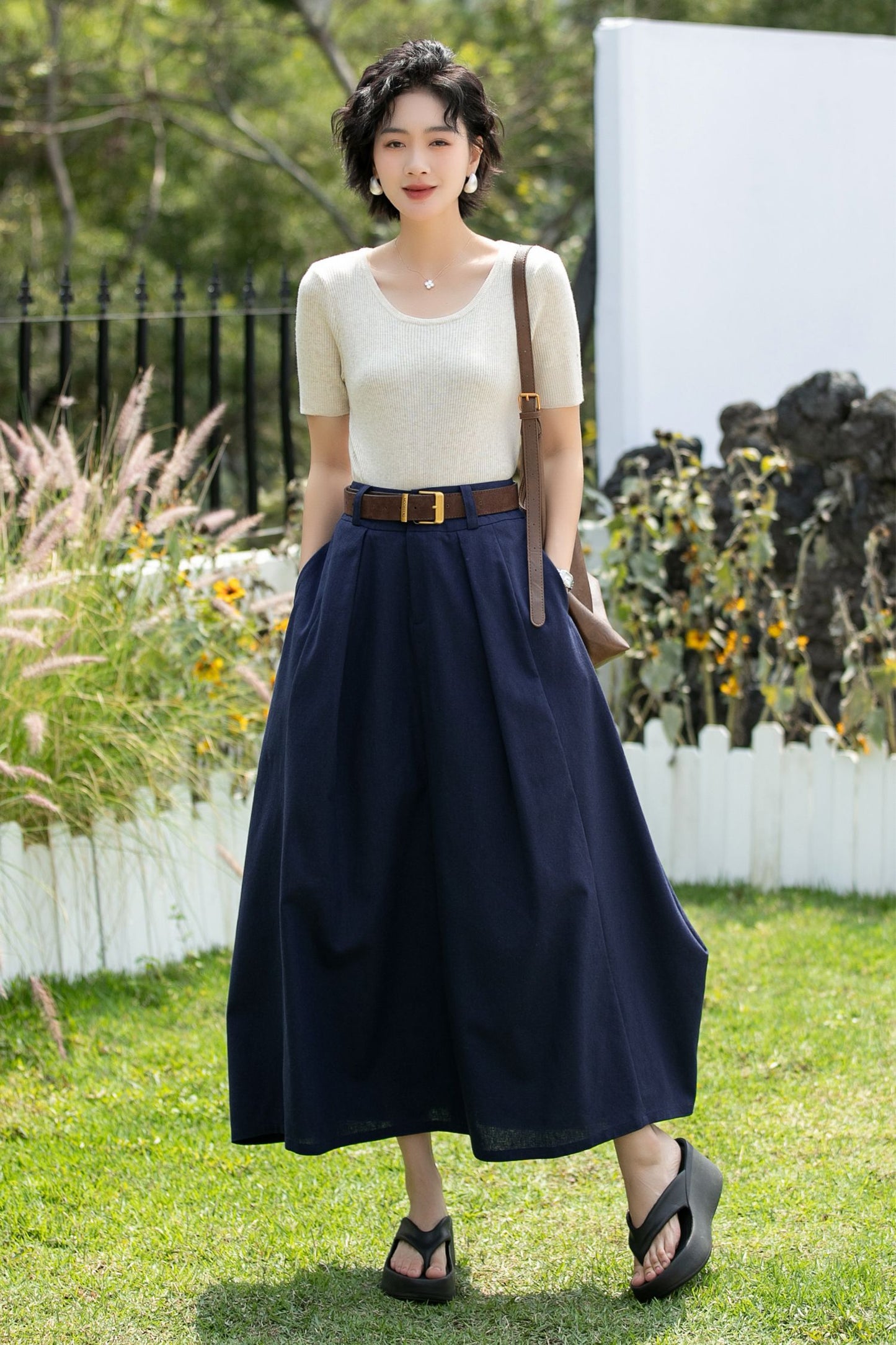 Handmade Navy Linen Cotton Asymmetrical Maxi Skirt | Xiaolizi 6740