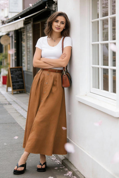 Yellow Linen Maxi Skirt - High Waist A-Line | Xiaolizi 6767