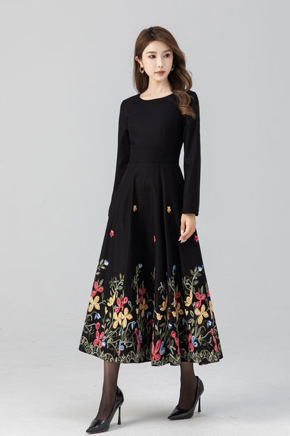 Black fit and flare embroidered dress 4663