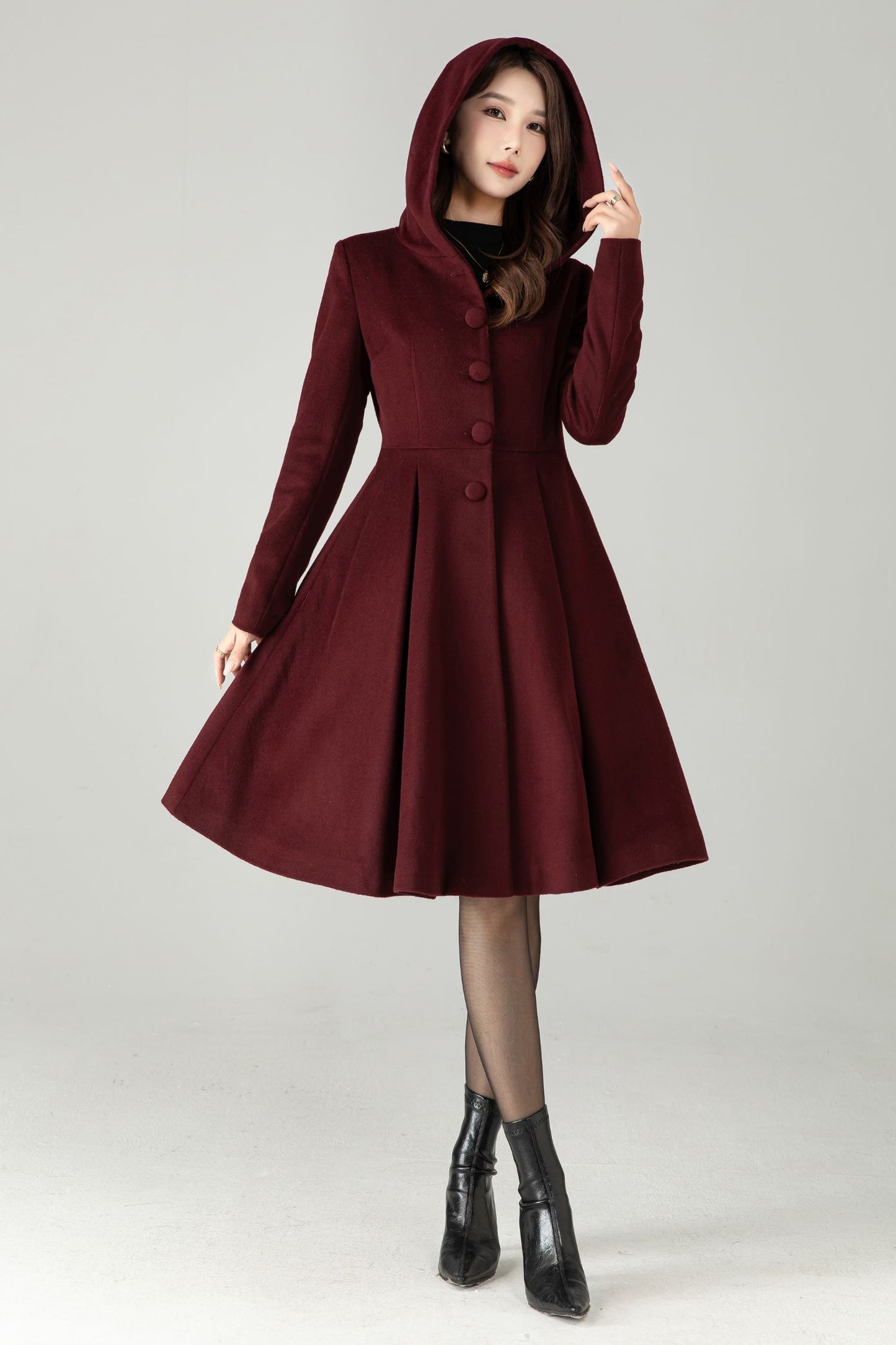 Hooded Burgundy Wool Coat – Vintage Fit & Flare Short Winter Coat | Xiaolizi 6572