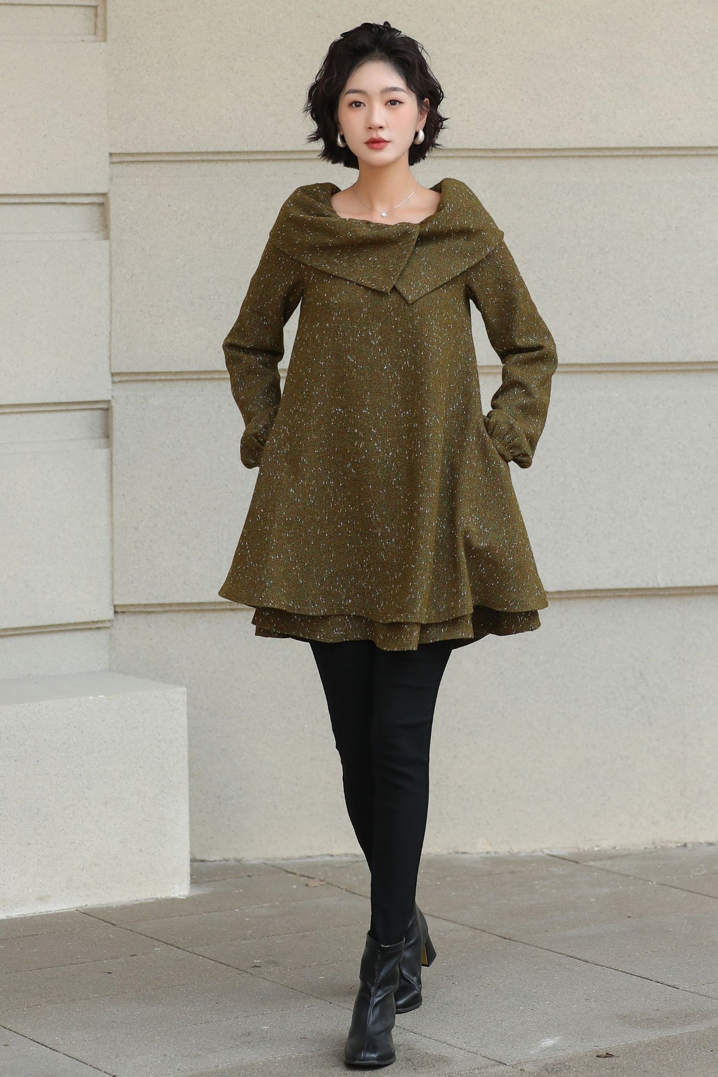 Handmade Wool Blend Tunic Coat – Vintage-Inspired Oversized Collar for Fall/Winter | Xiaolizi 6513