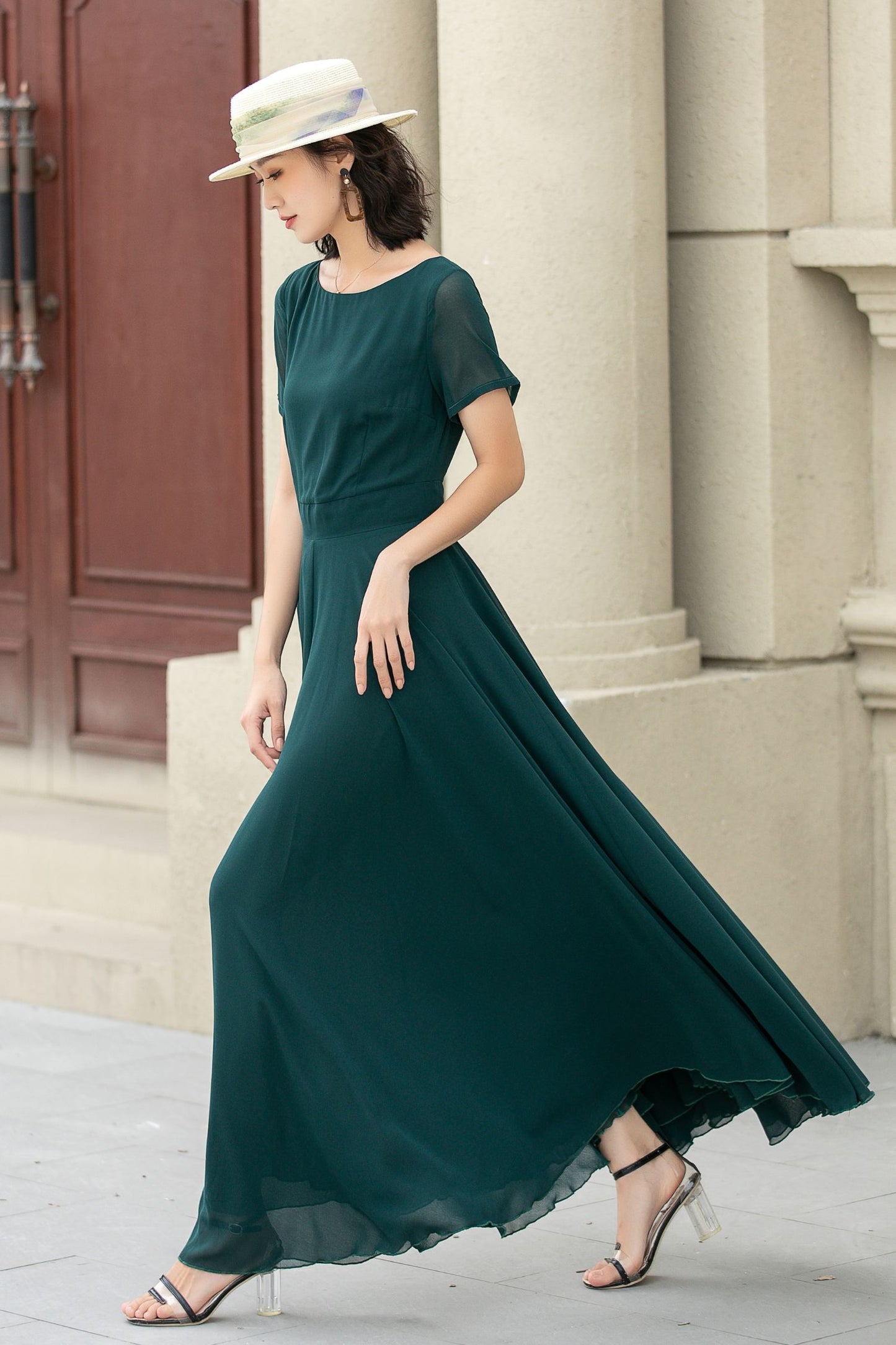 Fit and flare green summer chiffon dresses 5144