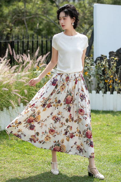 Vintage Floral Linen Cotton Swing Midi Skirt | Xiaolizi 6737