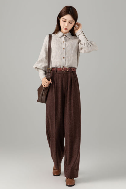 Striped Linen Shirt - Puff Sleeve Button Front | Xiaolizi 6544