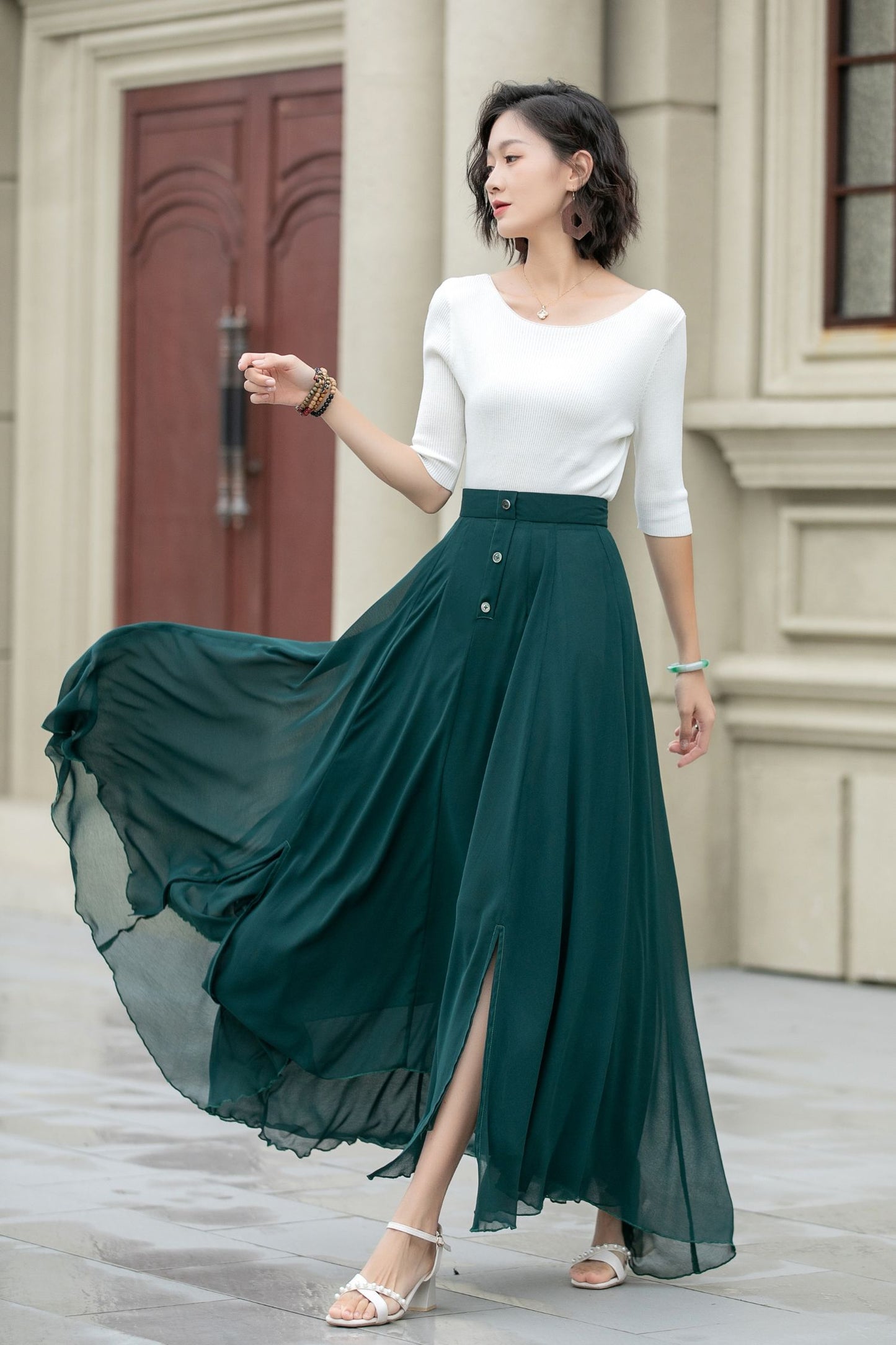 Maxi dark green summer chiffon skirt women 5220