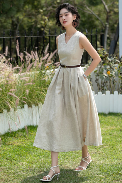 Beige Linen Midi Dress - Sleeveless V-Neck | Xiaolizi 6746 - Size XS #CK2600255