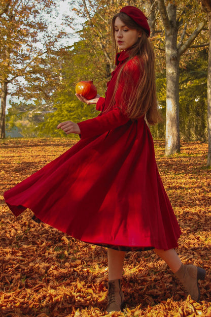Handmade Red Wool Coat – Vintage Princess Winter Maxi Overcoat 3219