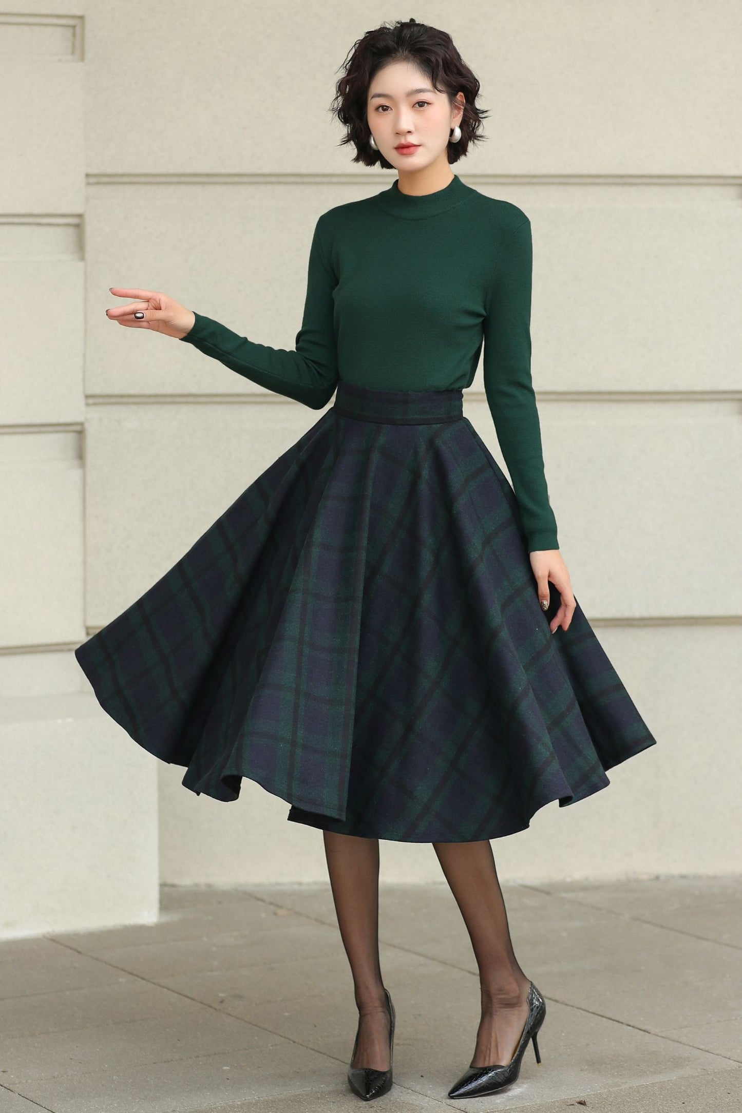 Knee length plaid winter wool skirt 6511