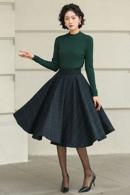 Plaid Wool A-Line Skirt – Knee Length Autumn Winter Skirt 6511