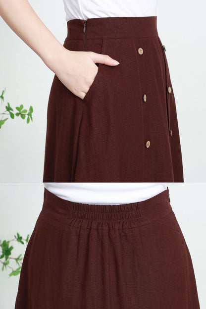 Brown Linen Maxi Skirt - Flowing Button Front with Elastic Waist 5733