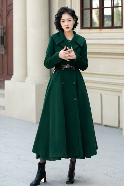 Elegant Winter Wool Coat – Dark Green Double Breasted A-Line – 5452