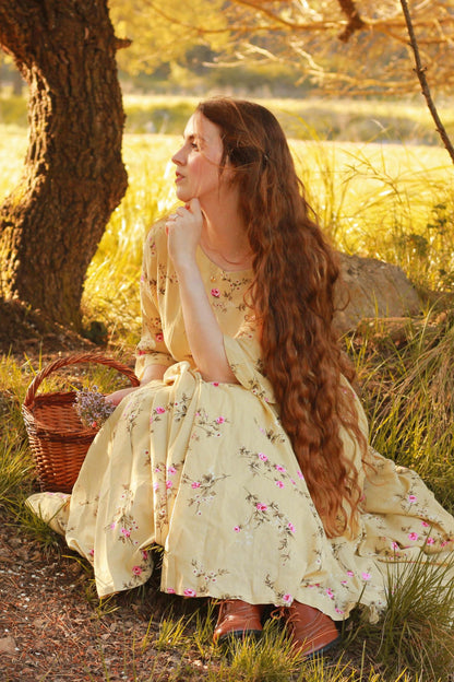 Floral Midi Linen Dress - Fit and Flared, Pleated Waist 3486