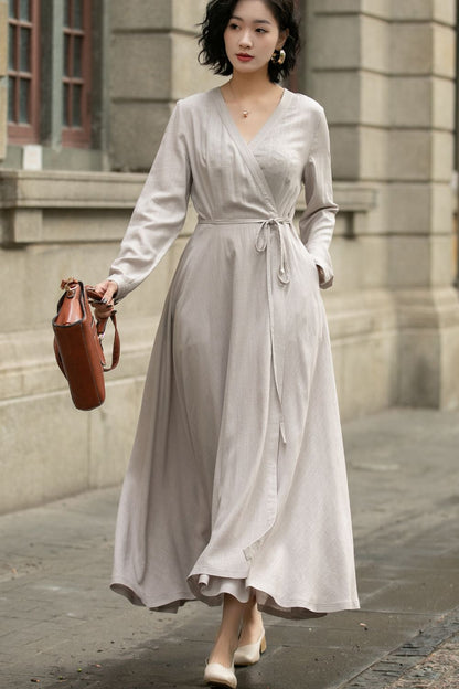Gray Linen Dress - Wrap Style with Long Sleeves and Waist Tie 5672