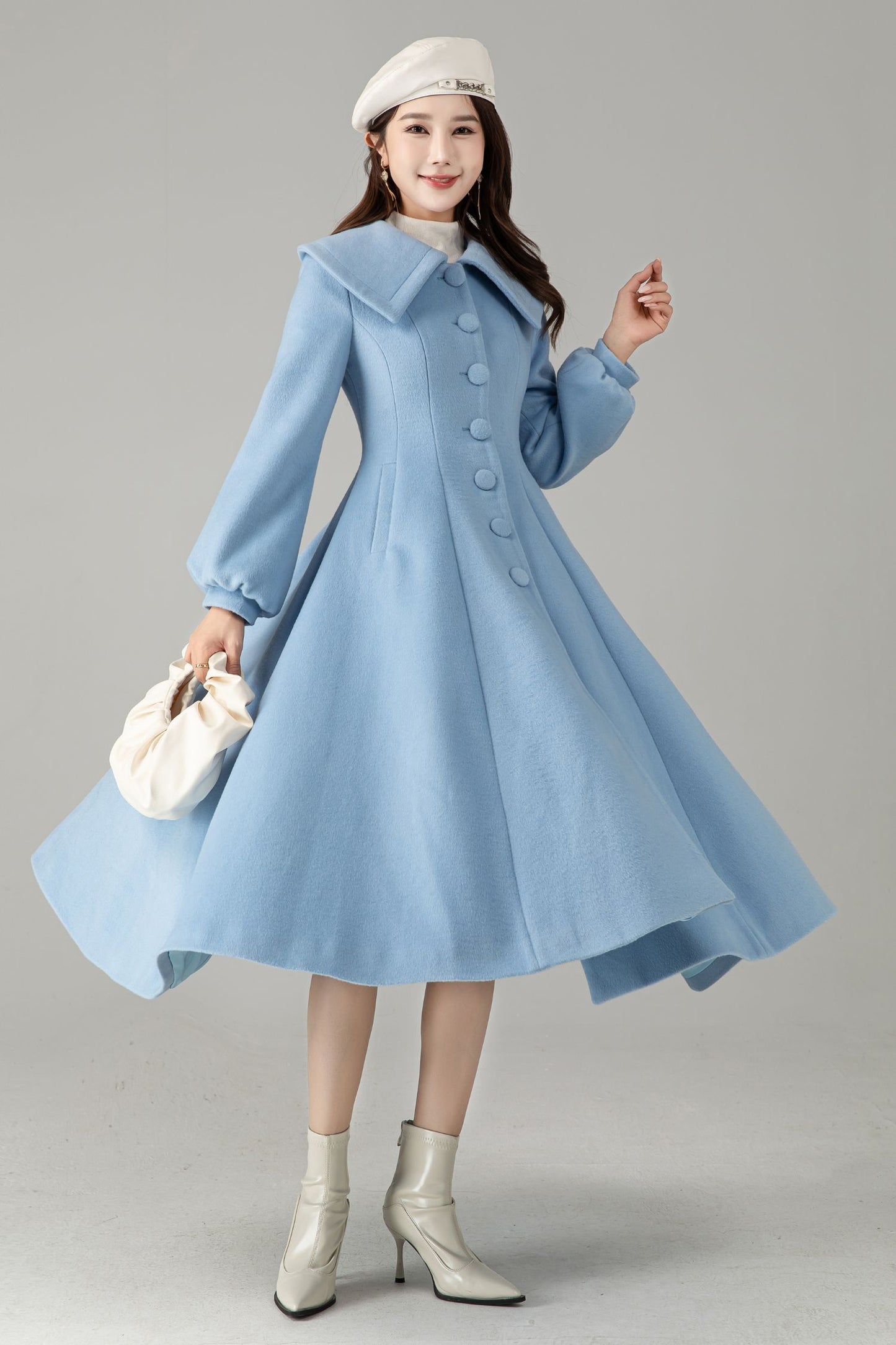 Sky Blue Wool Princess Coat – Vintage Fit and Flare Swing Winter Coat | Xiaolizi 6576