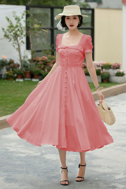 White Linen Midi Swing Dress - Square Neckline with Puff Sleeves 5980
