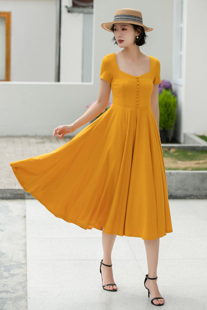 Linen Midi Dress for Women, Square Neckline | Xiaolizi 5981