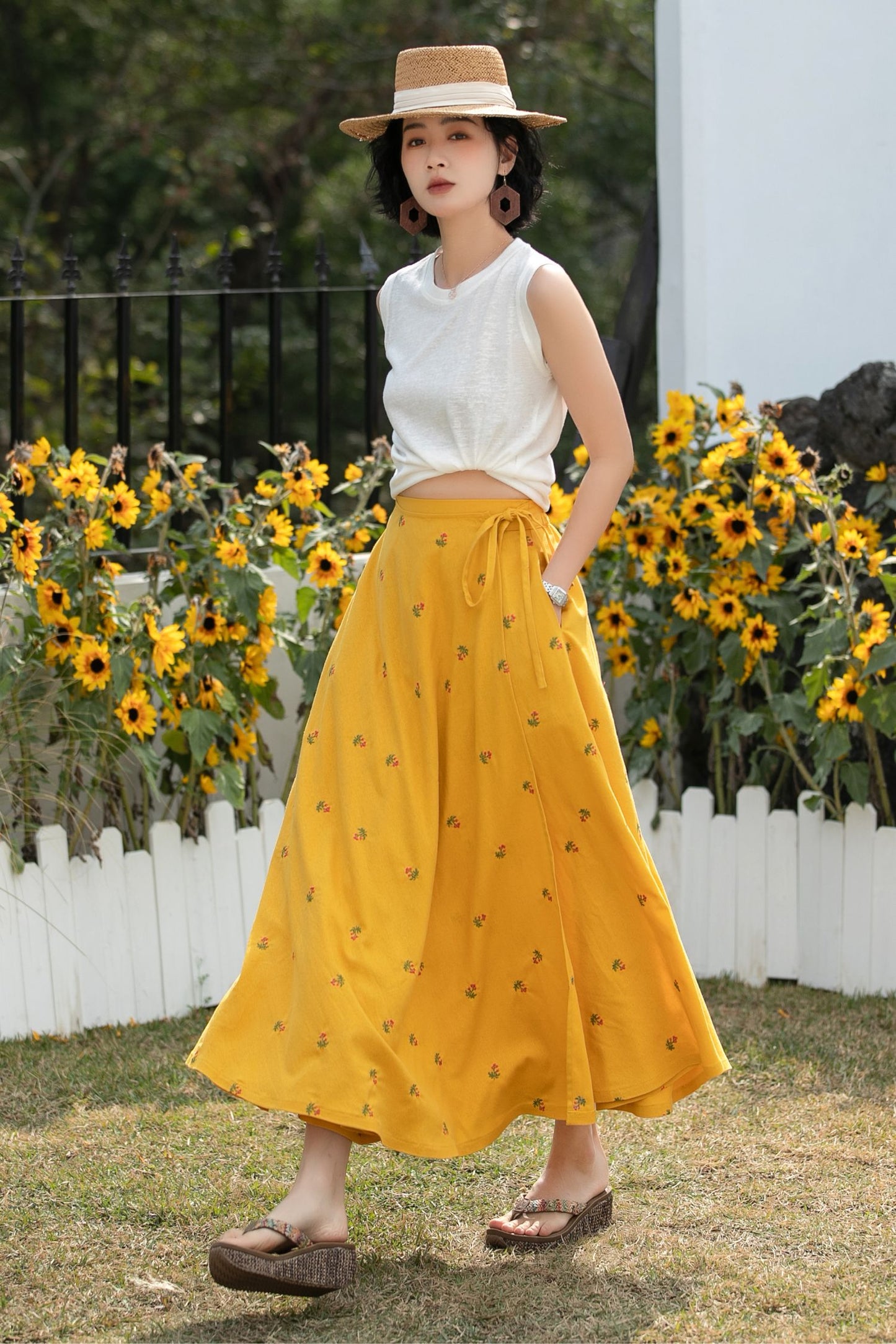 Xiaolizi Linen Wrap Midi Skirt – Mustard Yellow Floral A-Line Summer Skirt 6688