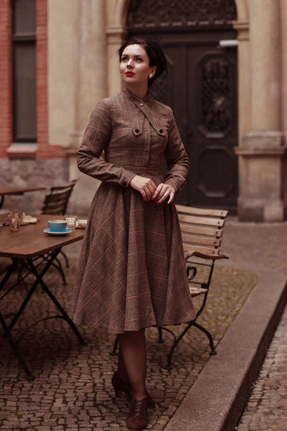 Brown Wool Plaid Dress - 1950s Fit & Flare Knee Length | Xiaolizi 2448