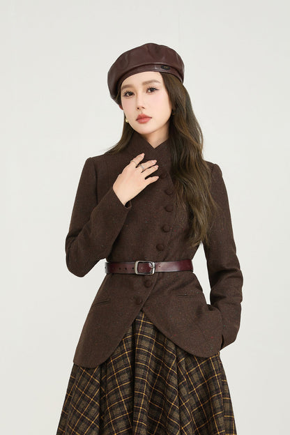 Vintage Wool Blend Short Coat – Handmade Brown Tailored Jacket | Xiaolizi 5566