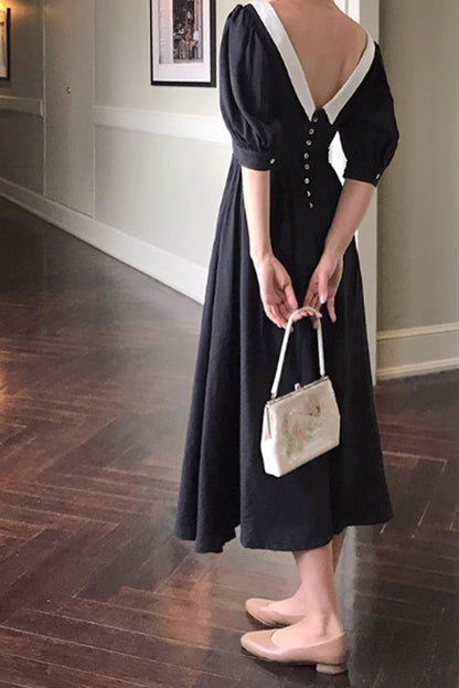 Black Cotton Fit and Flare Dress - White Collar Detail 4848