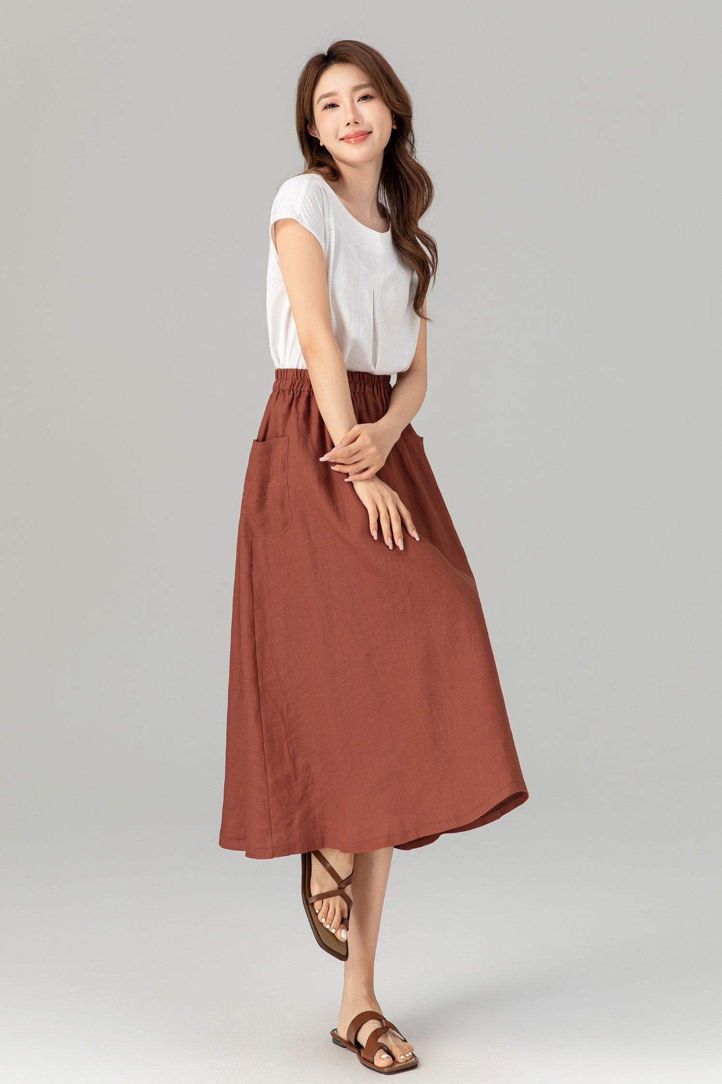 A line summer midi skirt with pockets 4905