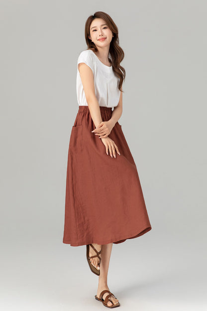 Rust Linen A-Line Midi Skirt - Elastic Waist with Pockets 4905