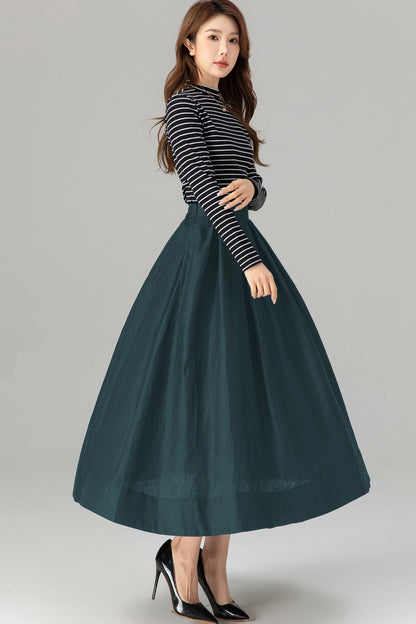 Dark Green Linen Midi Skirt - Pleated A-Line with Pockets 5724