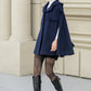 Blue Hooded Wool Cape Coat Women 5353