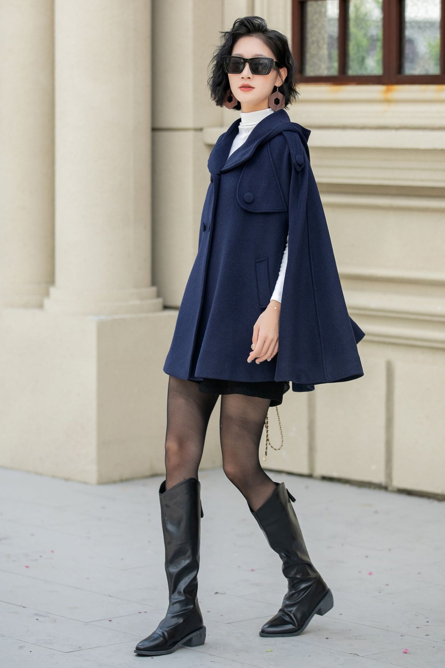 Blue Hooded Wool Cape Coat Women 5353