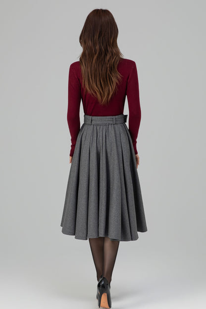 Grey Wool Midi Skirt – Handmade High Waist Vintage Pleated Skater Skirt 6398