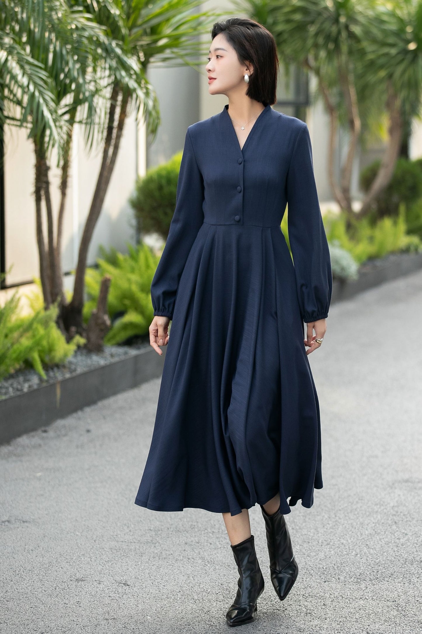 Handmade Navy Blue Button-Front Midi Dress – Vintage Long Sleeve Swing Dress 6659 -Size XS #CK2600029