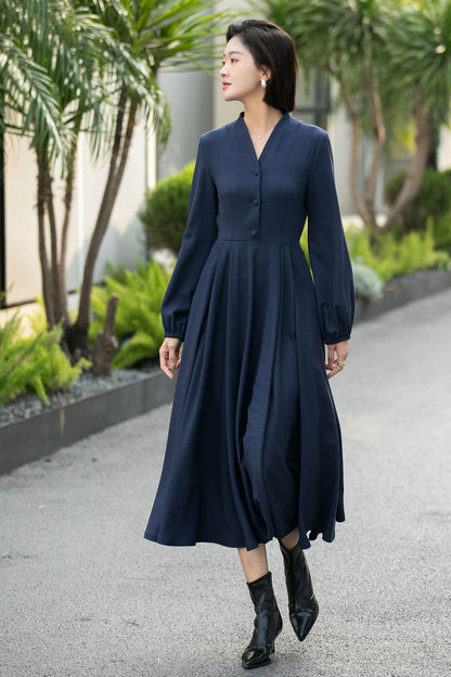 Handmade Navy Blue Button-Front Midi Dress – Vintage Long Sleeve Swing Dress 6659 -Size XS #CK2600029