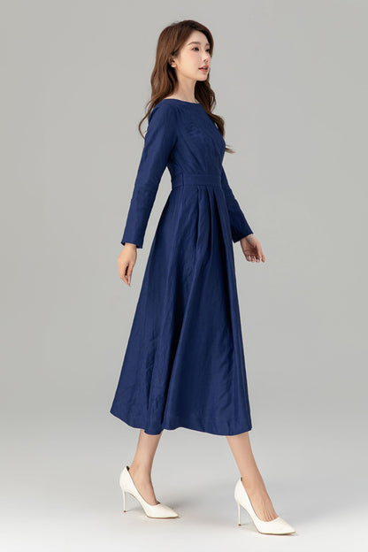 Navy Linen Midi Dress – Long Sleeve Fit and Flare Dress with Pockets 4925