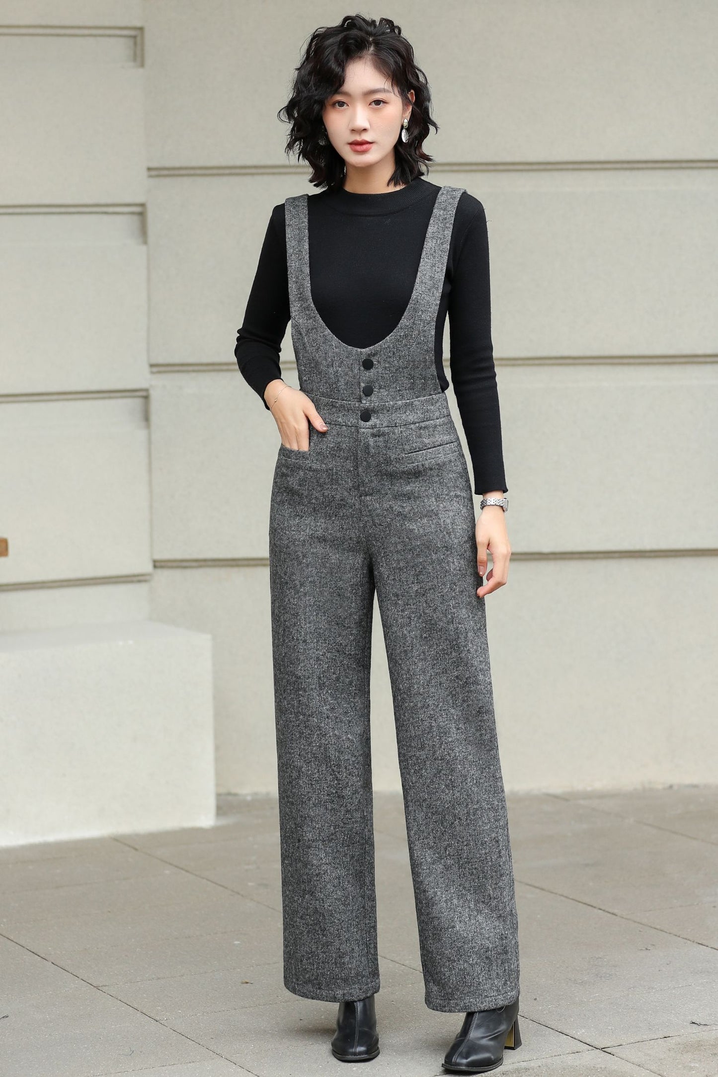 Long Suspender Wool Pants Women 6428