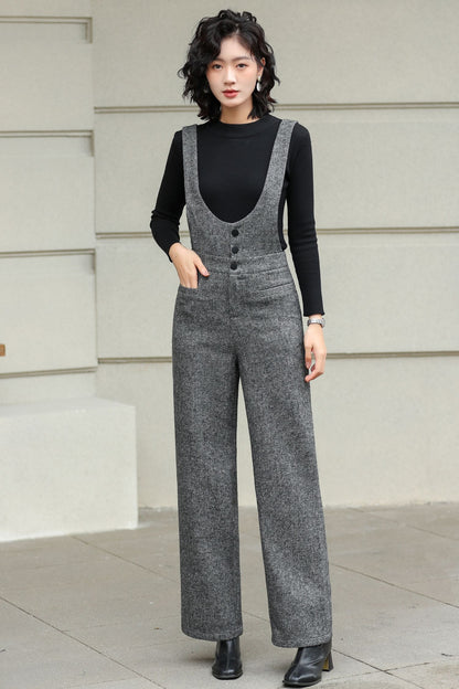 Gray Wool Suspender Pants - Tailored Wide Leg Elegance 6428