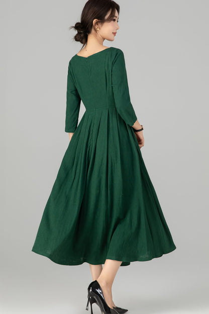 Handmade Emerald Green Linen Dress | 1950s Vintage Style Midi with Pleated Waist 5714
