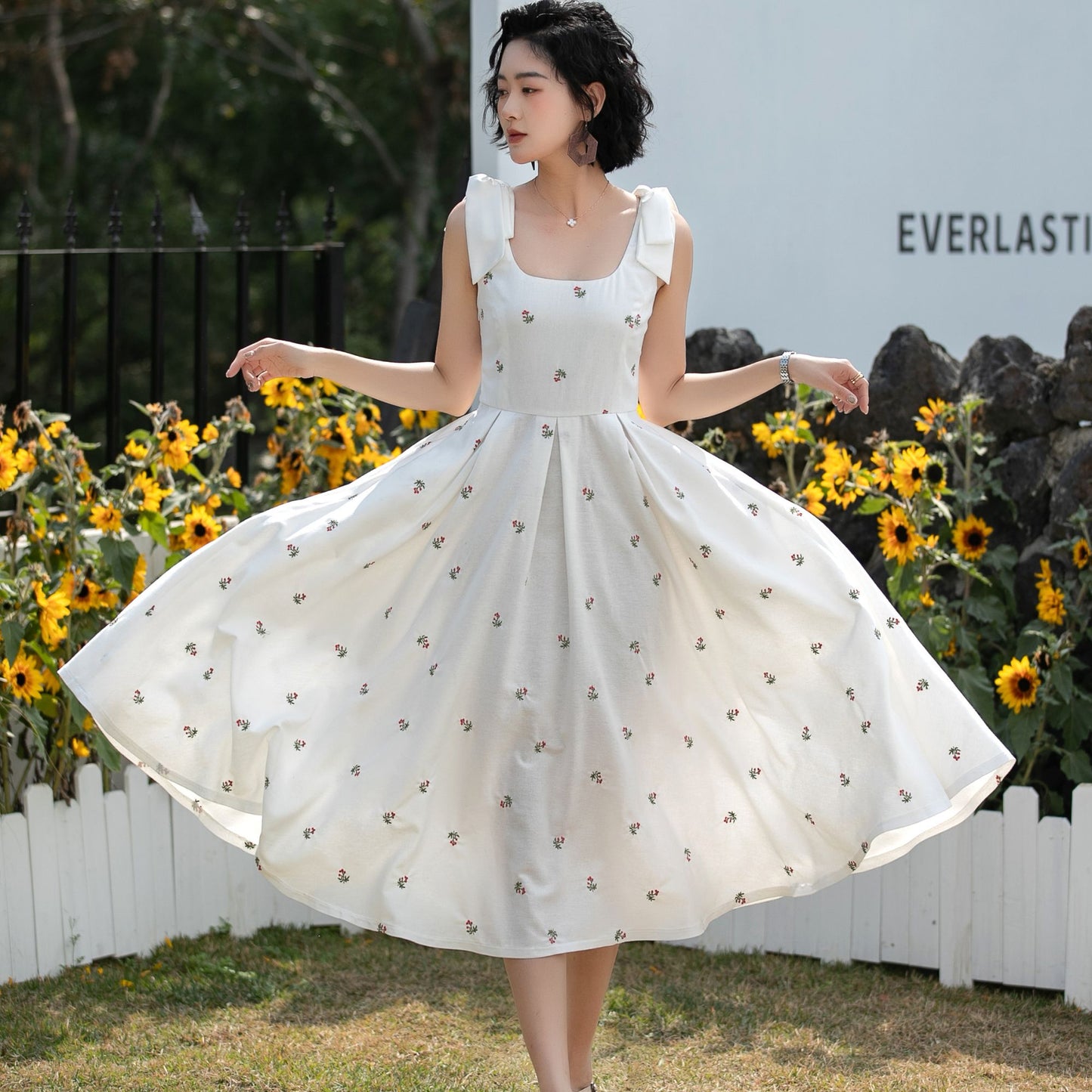 Xiaolizi Vintage Linen Midi Dress – Handmade Square Neck A-Line Summer Dress with Pockets 6685 -size XS #CK2600157