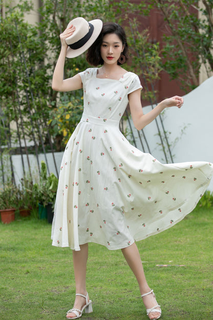 White Linen Fit and Flare Dress - Embroidered, Square Neckline 5203