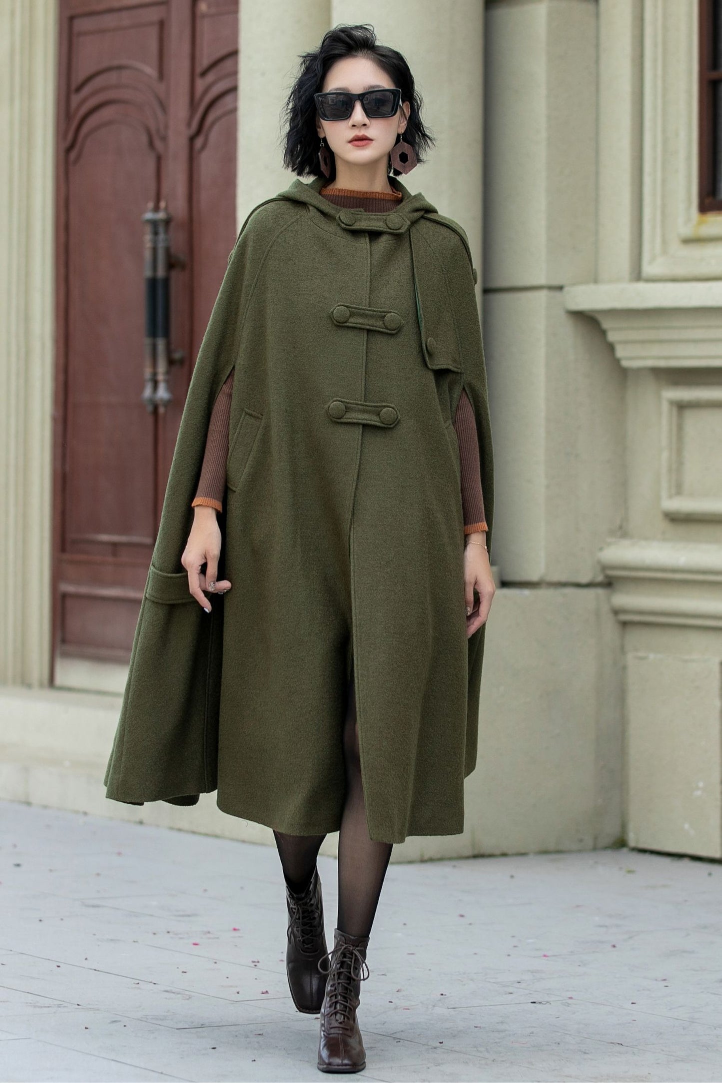 Military green wool winter cape coat 5351