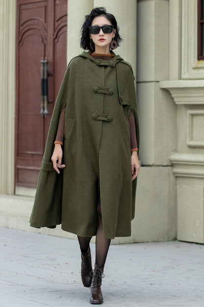 Green Wool Cape Coat – Vintage Military Hooded Winter Overcoat | Xiaolizi 5351