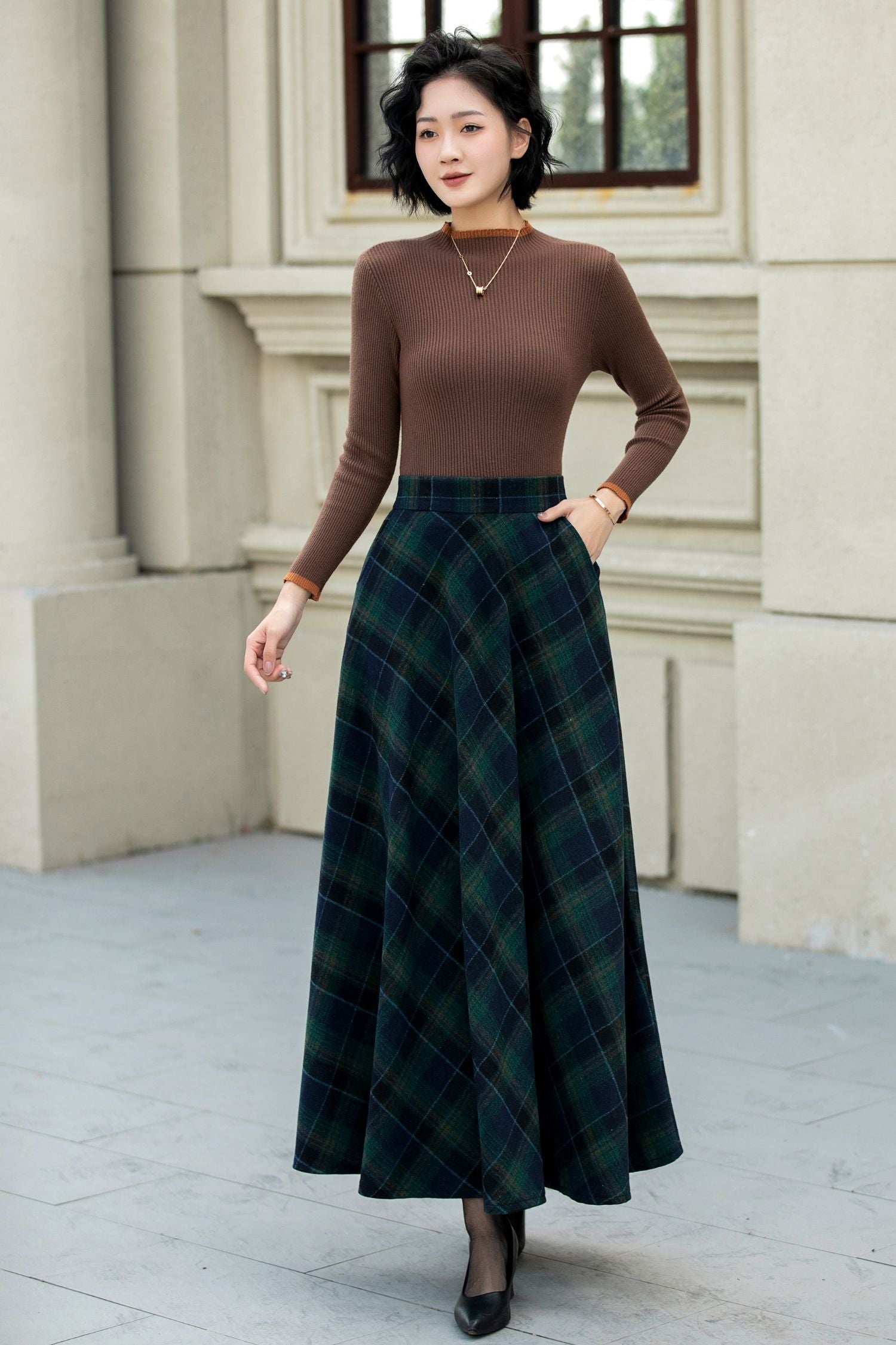 Plaid Wool Maxi Skirt – Vintage A-Line Winter Skirt with Pockets 5451