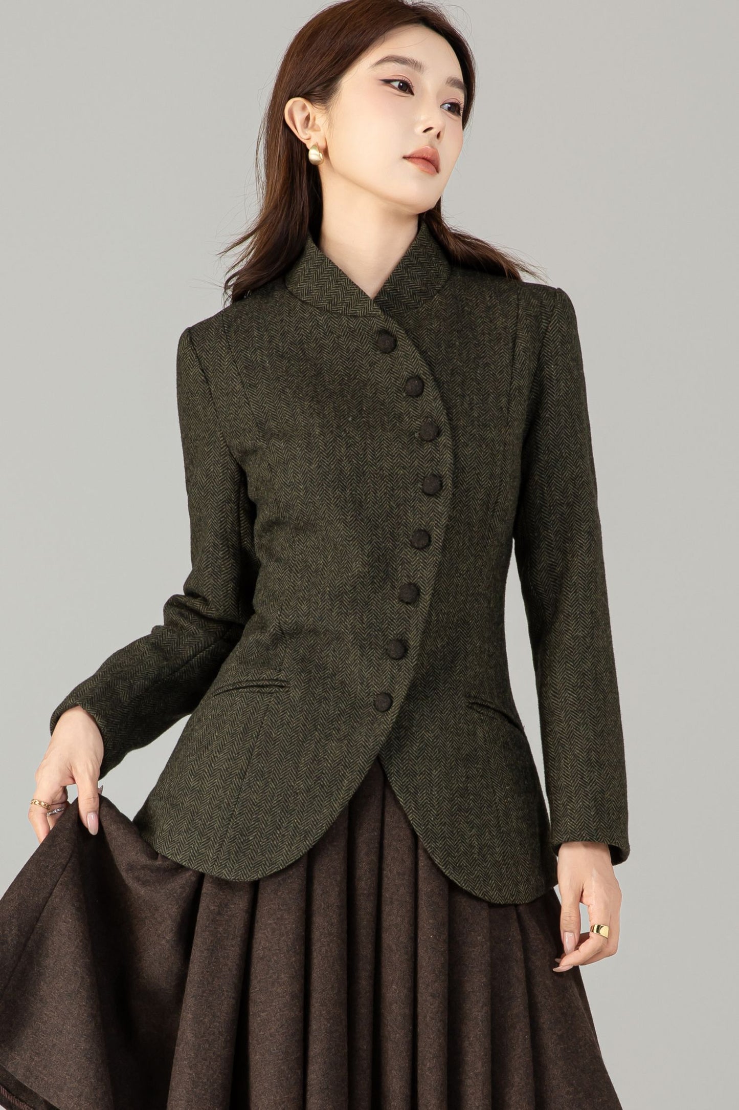 Handmade Wool Blend Herringbone Jacket – Vintage Short Coat | Xiaolizi 6496