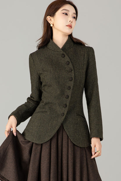 Handmade Wool Blend Herringbone Jacket – Vintage Short Coat | Xiaolizi 6496