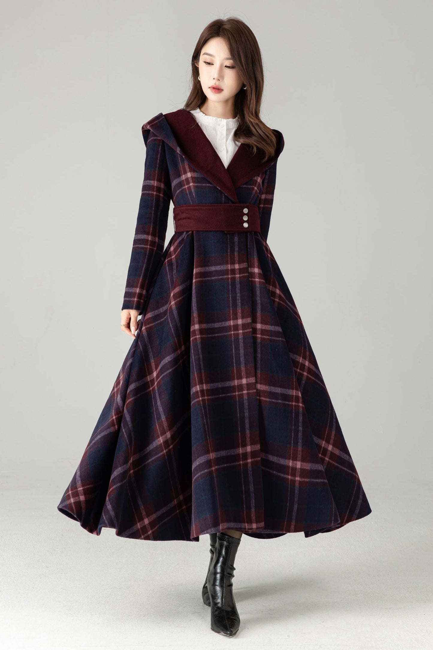 Plaid Hooded Wool Coat – A-Line Long Winter Coat with Contrast Lapel | Xiaolizi 6570