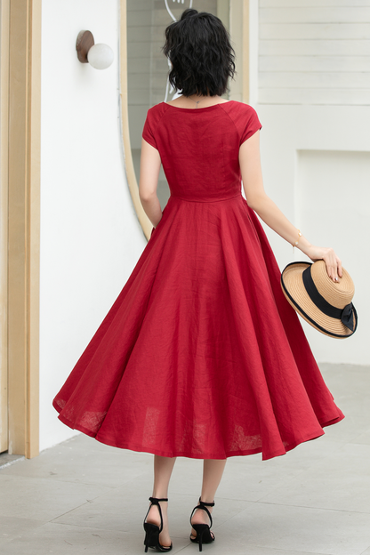 Red Linen Midi Dress - Fit and Flare A-Line with V-Neck 5831